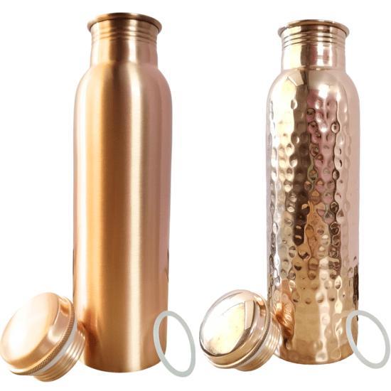 Set of 2 Hammered Copper Water Bottles – Plain Finish, 32.5 oz (950 mL) Each – Wellness Lifestyle Product
